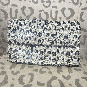 French Connection Black White Blue Sequined Clutch Purse NEW
